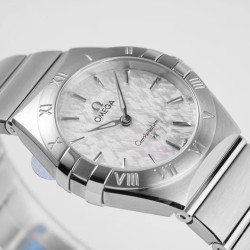  Omega-Constellation Ladies 28mm SS/SS White Patterned Dial Stk AF Swiss Qtz