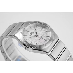  Omega-Constellation Ladies 28mm SS/SS White Patterned Dial Stk AF Swiss Qtz