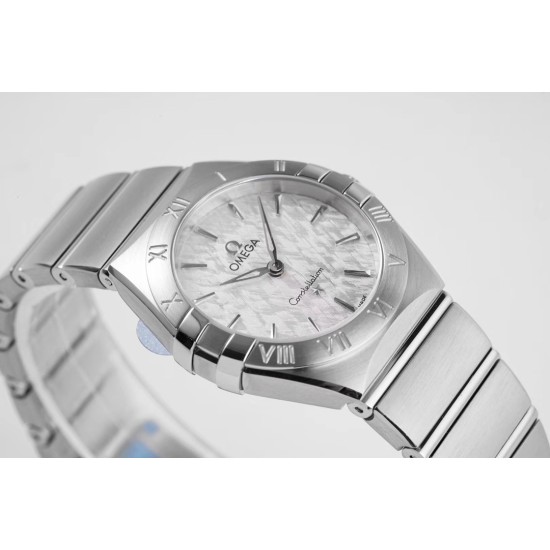  Omega-Constellation Ladies 28mm SS/SS White Patterned Dial Stk AF Swiss Qtz