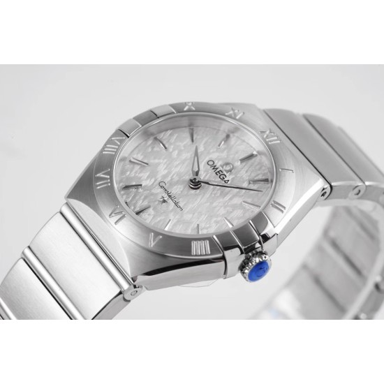  Omega-Constellation Ladies 28mm SS/SS White Patterned Dial Stk AF Swiss Qtz
