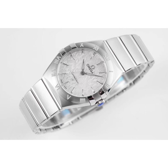  Omega-Constellation Ladies 28mm SS/SS White Patterned Dial Stk AF Swiss Qtz