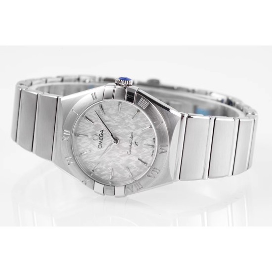  Omega-Constellation Ladies 28mm SS/SS White Patterned Dial Stk AF Swiss Qtz