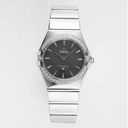  Omega-Constellation Ladies 28mm Diamonds SS/SS Black Patterned Dial Stk AF Swiss Qtz
