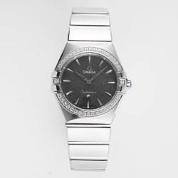  Omega-Constellation Ladies 28mm Diamonds SS/SS Black Patterned Dial Stk AF Swiss Qtz