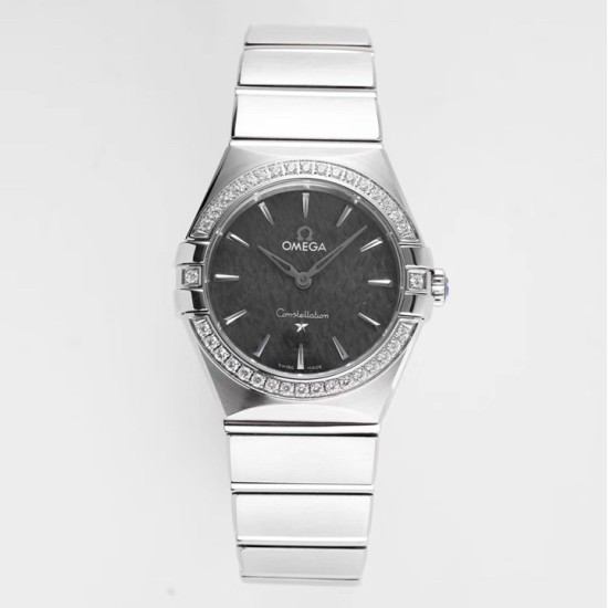  Omega-Constellation Ladies 28mm Diamonds SS/SS Black Patterned Dial Stk AF Swiss Qtz
