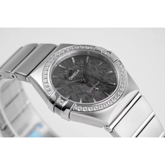  Omega-Constellation Ladies 28mm Diamonds SS/SS Black Patterned Dial Stk AF Swiss Qtz