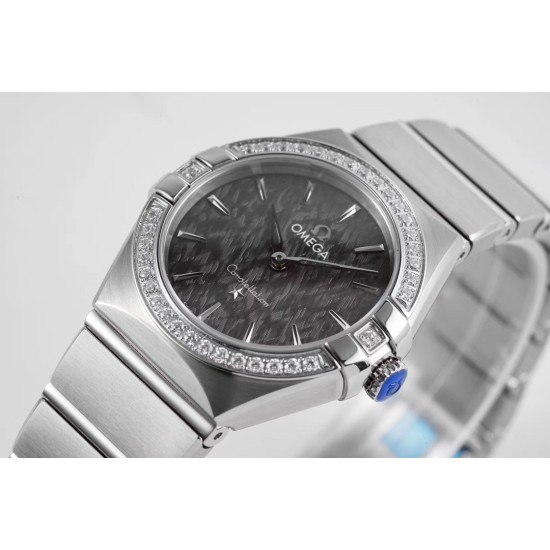  Omega-Constellation Ladies 28mm Diamonds SS/SS Black Patterned Dial Stk AF Swiss Qtz