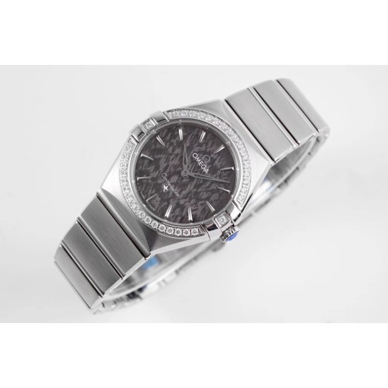  Omega-Constellation Ladies 28mm Diamonds SS/SS Black Patterned Dial Stk AF Swiss Qtz