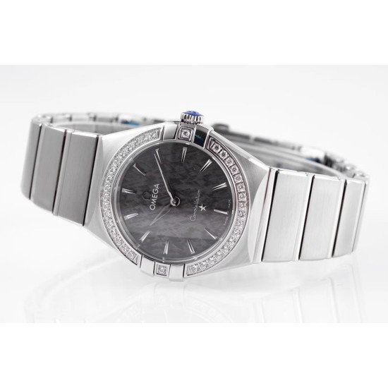  Omega-Constellation Ladies 28mm Diamonds SS/SS Black Patterned Dial Stk AF Swiss Qtz