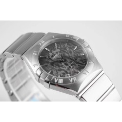  Omega-Constellation Ladies 28mm SS/SS Black Patterned Dial Stk AF Swiss Qtz