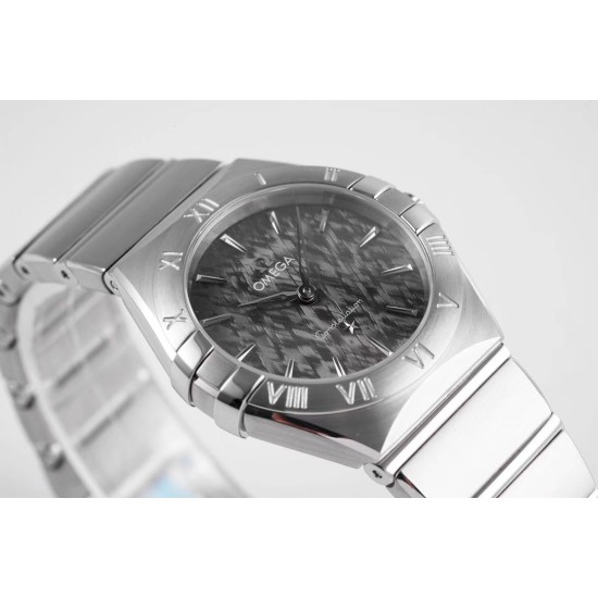  Omega-Constellation Ladies 28mm SS/SS Black Patterned Dial Stk AF Swiss Qtz