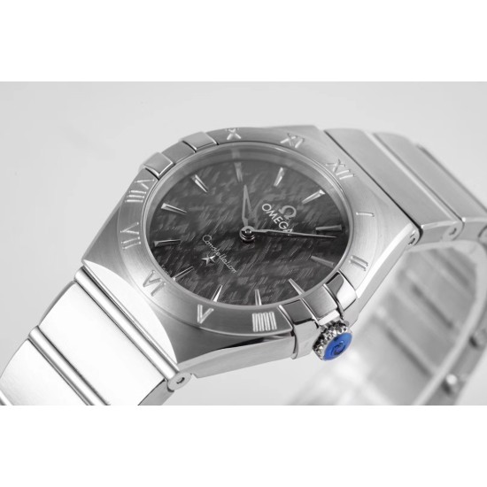  Omega-Constellation Ladies 28mm SS/SS Black Patterned Dial Stk AF Swiss Qtz