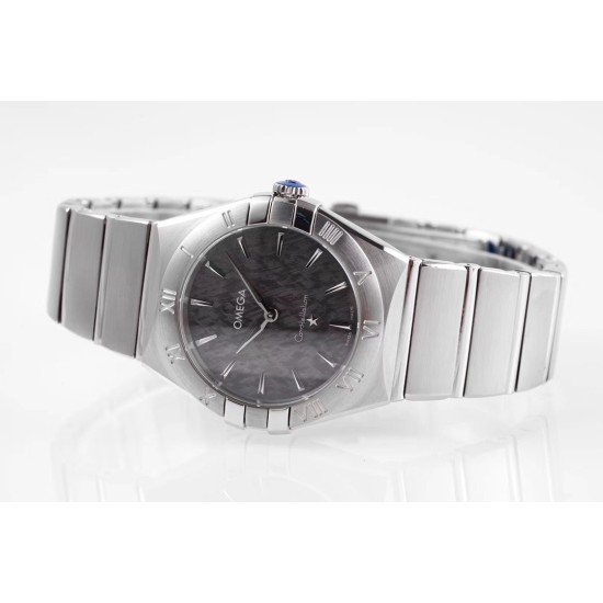  Omega-Constellation Ladies 28mm SS/SS Black Patterned Dial Stk AF Swiss Qtz