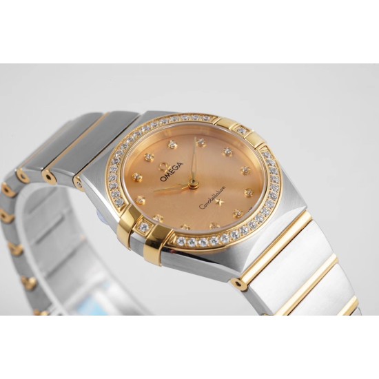  Omega-Constellation Ladies 28mm Diamonds YG/SS Gold Dial Dia AF Swiss Qtz