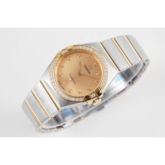  Omega-Constellation Ladies 28mm Diamonds YG/SS Gold Dial Dia AF Swiss Qtz