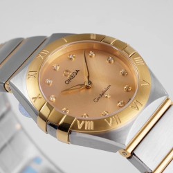  Omega-Constellation Ladies 28mm YG/SS Gold Dial Dia AF Swiss Qtz