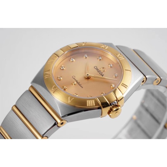  Omega-Constellation Ladies 28mm YG/SS Gold Dial Dia AF Swiss Qtz