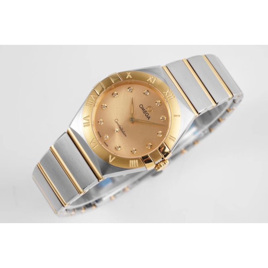  Omega-Constellation Ladies 28mm YG/SS Gold Dial Dia AF Swiss Qtz