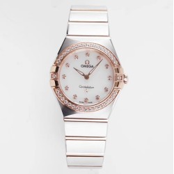  Omega-Constellation Ladies 28mm Diamonds RG/SS White Dial Dia AF Swiss Qtz