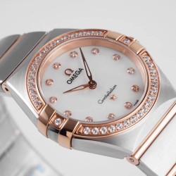  Omega-Constellation Ladies 28mm Diamonds RG/SS White Dial Dia AF Swiss Qtz