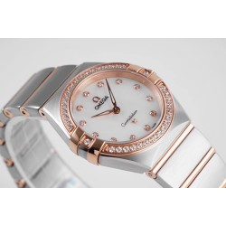  Omega-Constellation Ladies 28mm Diamonds RG/SS White Dial Dia AF Swiss Qtz