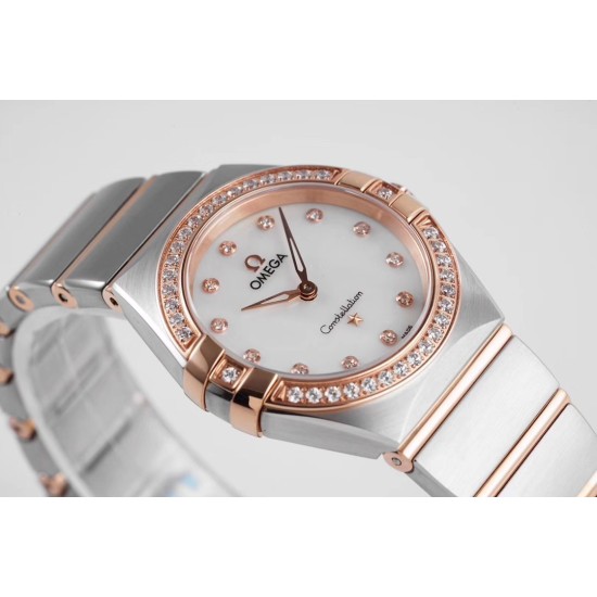  Omega-Constellation Ladies 28mm Diamonds RG/SS White Dial Dia AF Swiss Qtz