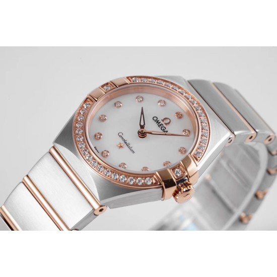  Omega-Constellation Ladies 28mm Diamonds RG/SS White Dial Dia AF Swiss Qtz