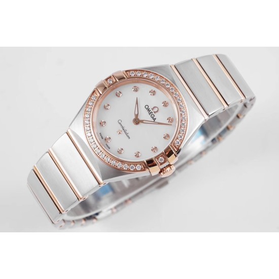  Omega-Constellation Ladies 28mm Diamonds RG/SS White Dial Dia AF Swiss Qtz