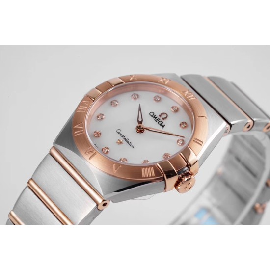 Omega-Constellation Ladies 28mm RG/SS White Dial Dia AF Swiss Qtz