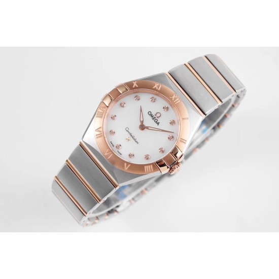  Omega-Constellation Ladies 28mm RG/SS White Dial Dia AF Swiss Qtz