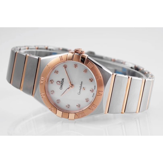  Omega-Constellation Ladies 28mm RG/SS White Dial Dia AF Swiss Qtz