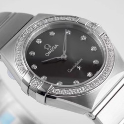  Omega-Constellation Ladies 28mm Diamonds SS/SS Black Dial Dial AF Swiss Qtz