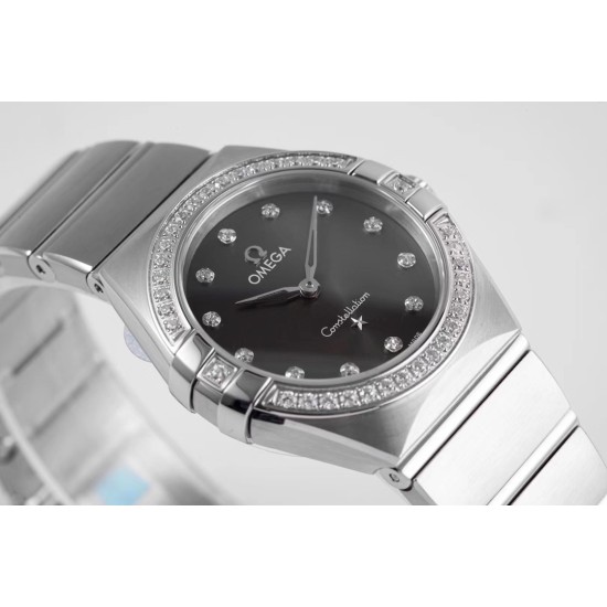  Omega-Constellation Ladies 28mm Diamonds SS/SS Black Dial Dial AF Swiss Qtz