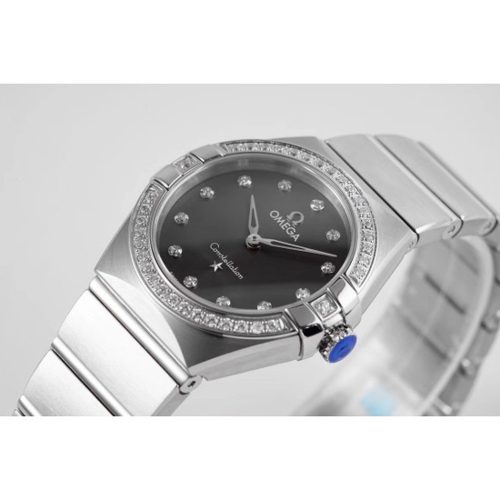  Omega-Constellation Ladies 28mm Diamonds SS/SS Black Dial Dial AF Swiss Qtz