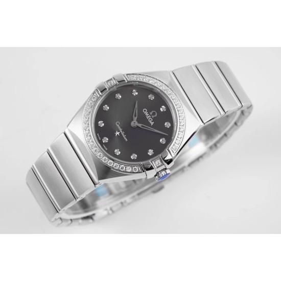  Omega-Constellation Ladies 28mm Diamonds SS/SS Black Dial Dial AF Swiss Qtz