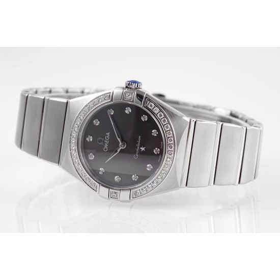  Omega-Constellation Ladies 28mm Diamonds SS/SS Black Dial Dial AF Swiss Qtz