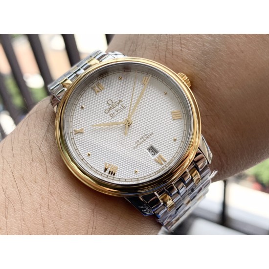  Omega-De Ville Prestige Mens 39MM YG/SS White Patterned Dial TWF Asia 2824