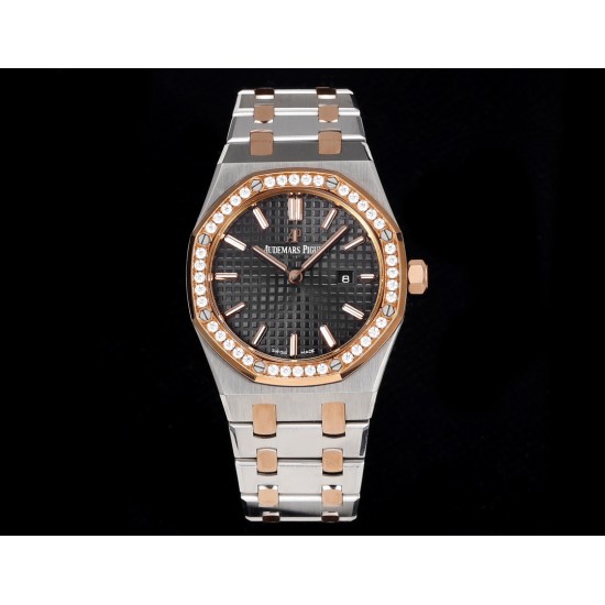 Audemars Piguet-Royal Oak Ladies 33mm 67651 Dia RG/SS Black TKF Swiss Qtz