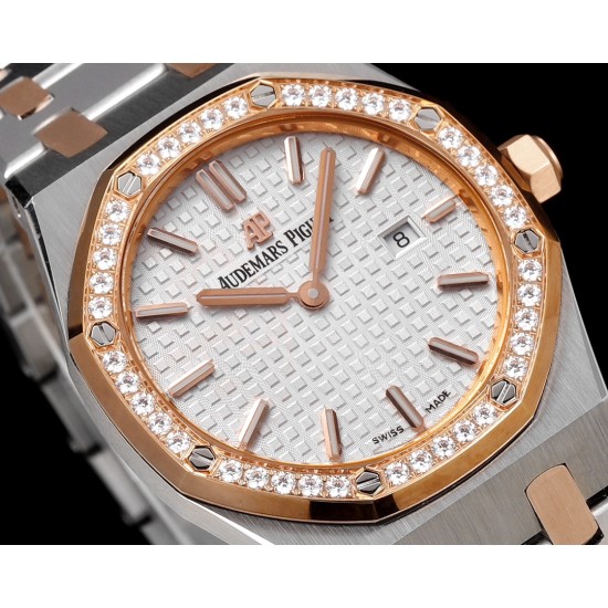 Audemars Piguet-Royal Oak Ladies 33mm 67651 Dia RG/SS White TKF Swiss Qtz