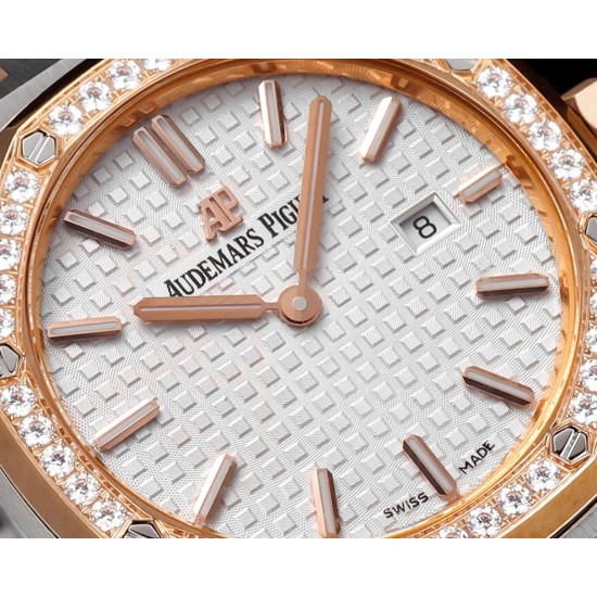 Audemars Piguet-Royal Oak Ladies 33mm 67651 Dia RG/SS White TKF Swiss Qtz