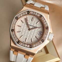 Audemars Piguet-Royal Oak Ladies 37mm RG/RU Diamond/White Swiss Qtz