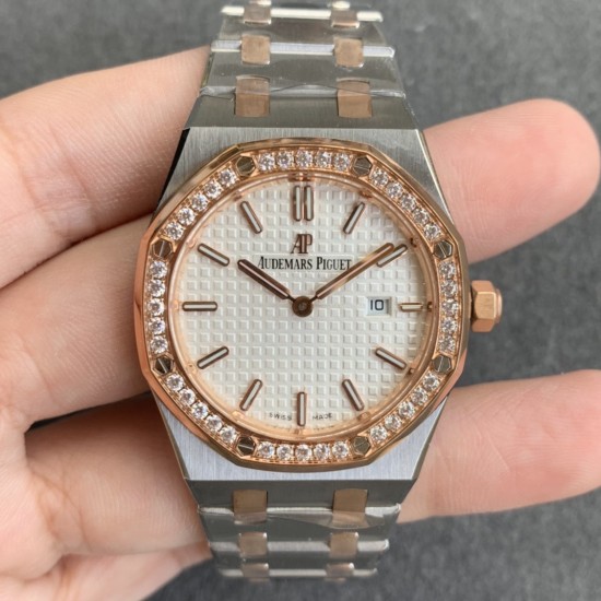 Audemars Piguet-Royal Oak Ladies 33mm RG/SS Diamond/White JF Swiss Qtz