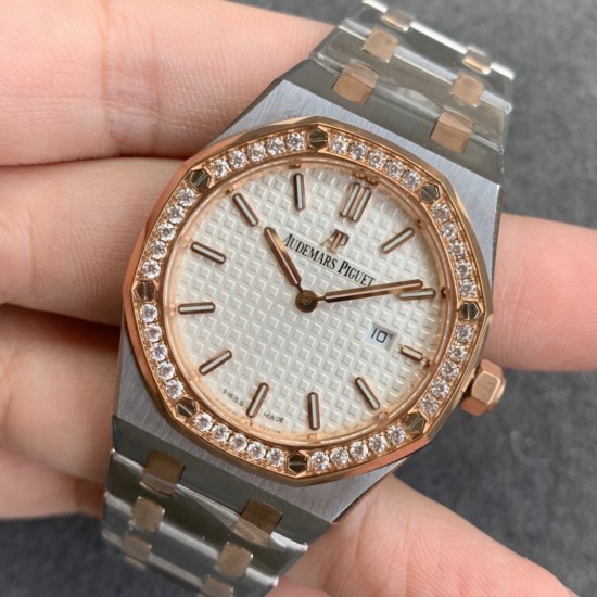 Audemars Piguet-Royal Oak Ladies 33mm RG/SS Diamond/White JF Swiss Qtz