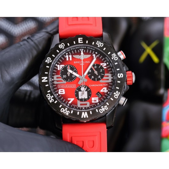 Breitling-Professional Chronograph PVD Black Dial On Red Strap Swiss Quartz