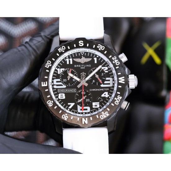 Breitling-Professional Chronograph PVD Black Dial On White Strap Swiss Quartz