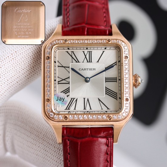 Cartier-Santos Dumont Red Dia RG/LE Silver Dial AF Quartz
