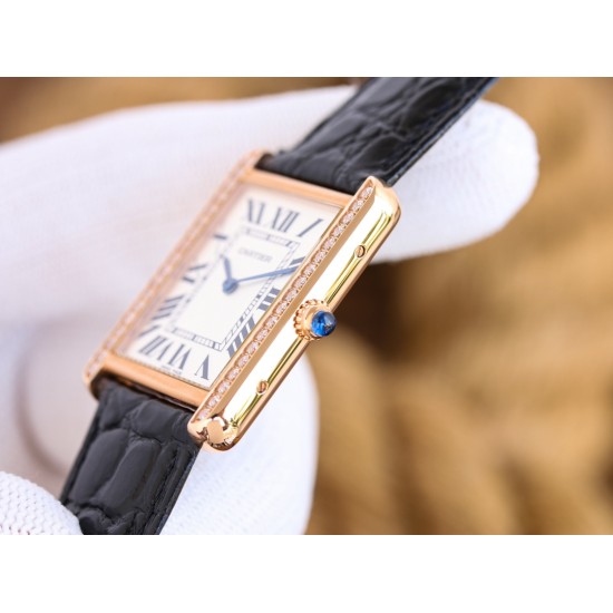 Cartier-Tank Must Dia Black 24mm/27mm RG/LE White Dial 3WF Quartz