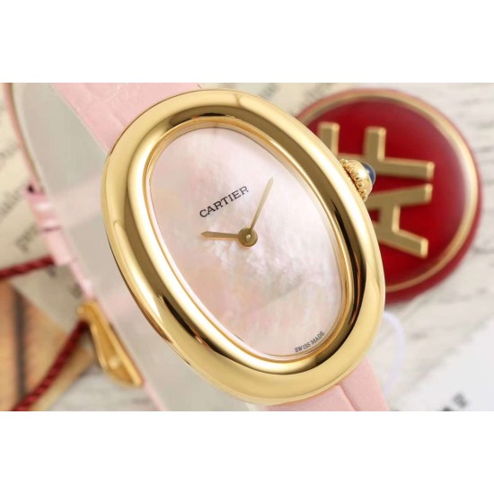 Cartier-Baignoire Ladies 31mm YG/LE Pink Mop Dial AF Quartz