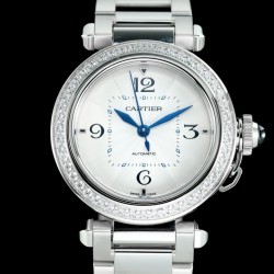 Cartier-Pasha Ladies 35mm SS/SS White/Num/Dia BVF Automatic