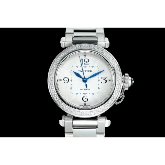Cartier-Pasha Ladies 35mm SS/SS White/Num/Dia BVF Automatic